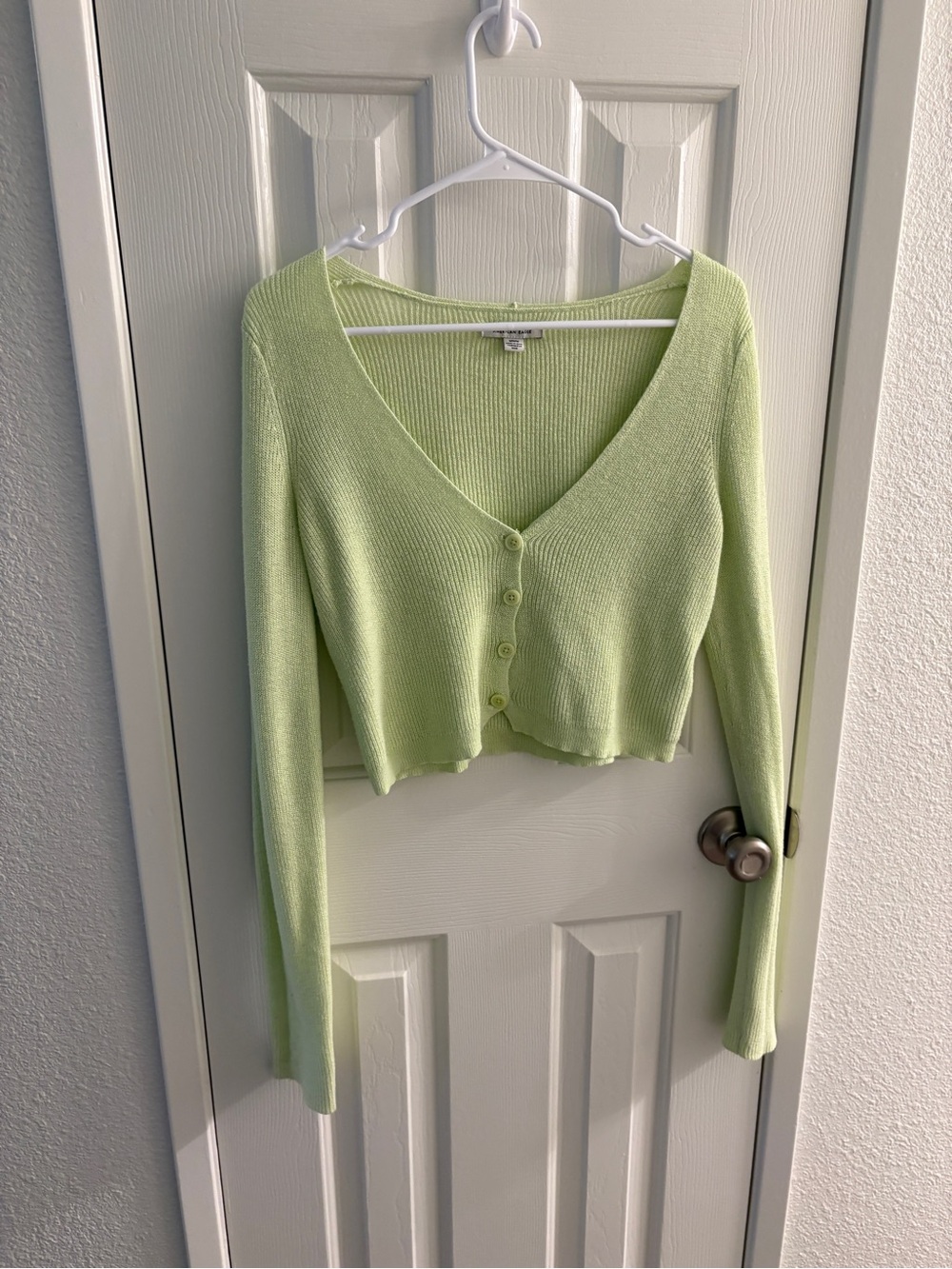 American Eagle Outfitters Light Green Cropped Button-Front Cardigan
